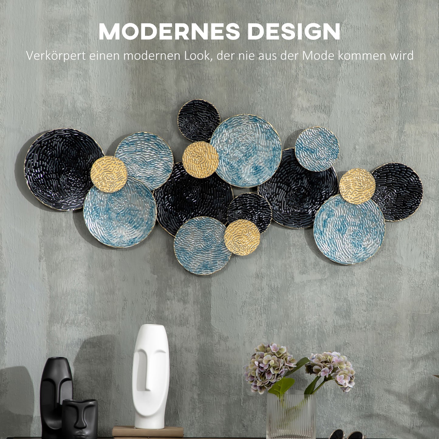 Wanddecoratie – Muurdecoratie – Wandkunst – Wandschilderij – Wandpaneel – 3D Cirkelmotief – Metaal – 121x53 cm – Blauw Zwart Goud