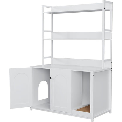 132.08cm Large Hidden Cat Litter Box Enclosure with 2 Doors - Wooden Cat House with Scratch Pad, Multi-Functional Storage Cabinet & Display Shelves, Space-Saving Indoor Cat Furniture for Climbing, Resting & Play, Modern Pet F