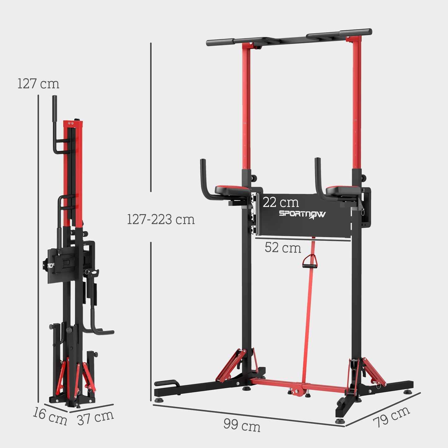 Optrekstang – Pull-Up Bar – Turnstang – Deurrek – Krachtstation – Inklapbaar – Verstelbare Hoogte 127-223 cm – Stalen Frame – Zwart/Rood