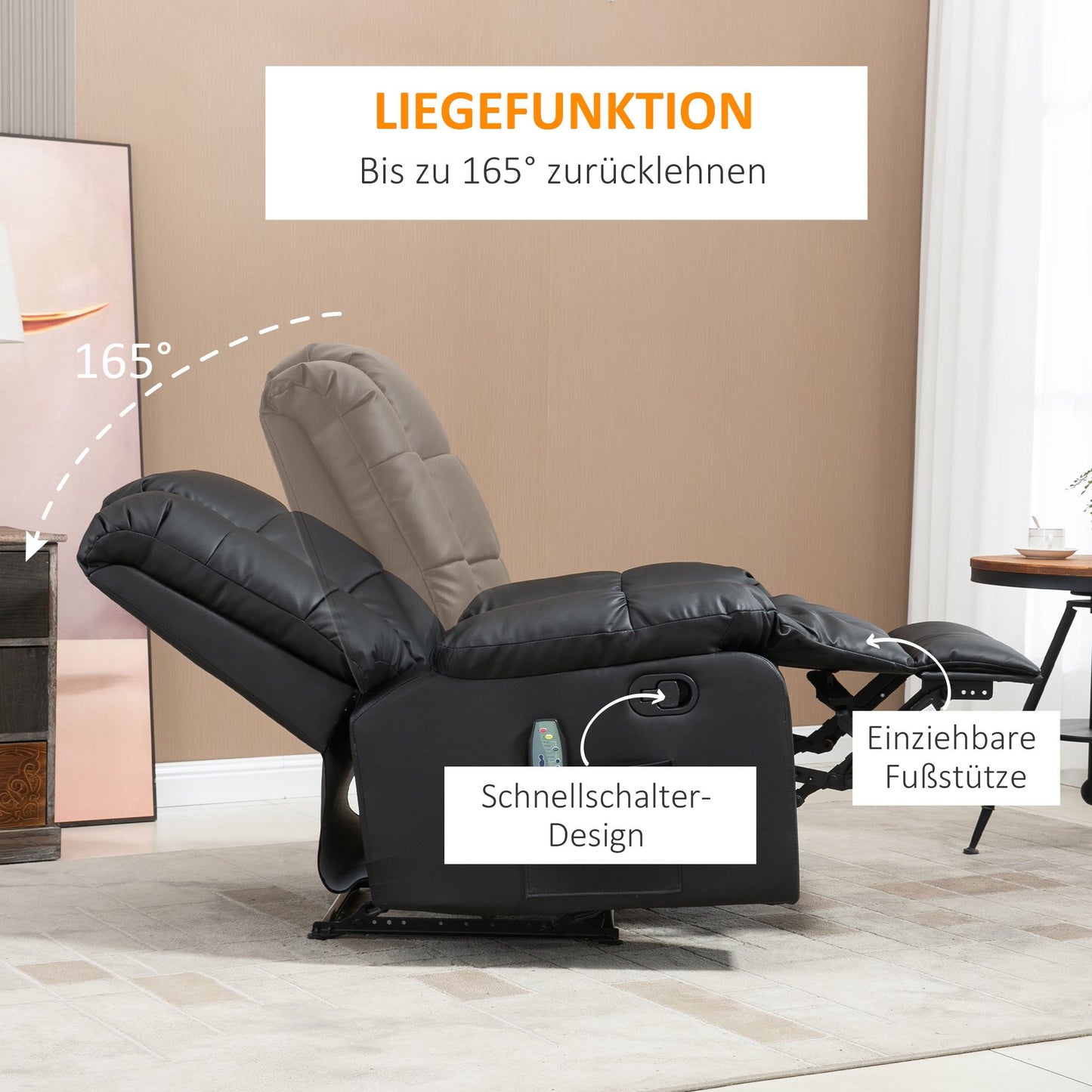 Massagestoel – Relaxstoel – Zitstoel – Wellnessstoel – Ontspanningsstoel – Zwart – 8 Trillingspunten – Verstelbare Rugleuning – Kunstleer – Compact 94x99x99 cm