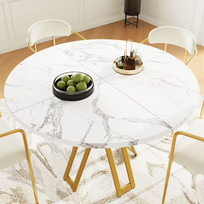 Ronde Eettafel – Ronde Tafel – Design Eettafel – Marmerlook Tafel – Keukentafel – MDF Tafelblad Marmerstructuur – Stevig Gouden Metalen Frame – 100 cm – Voor 4-6 Personen