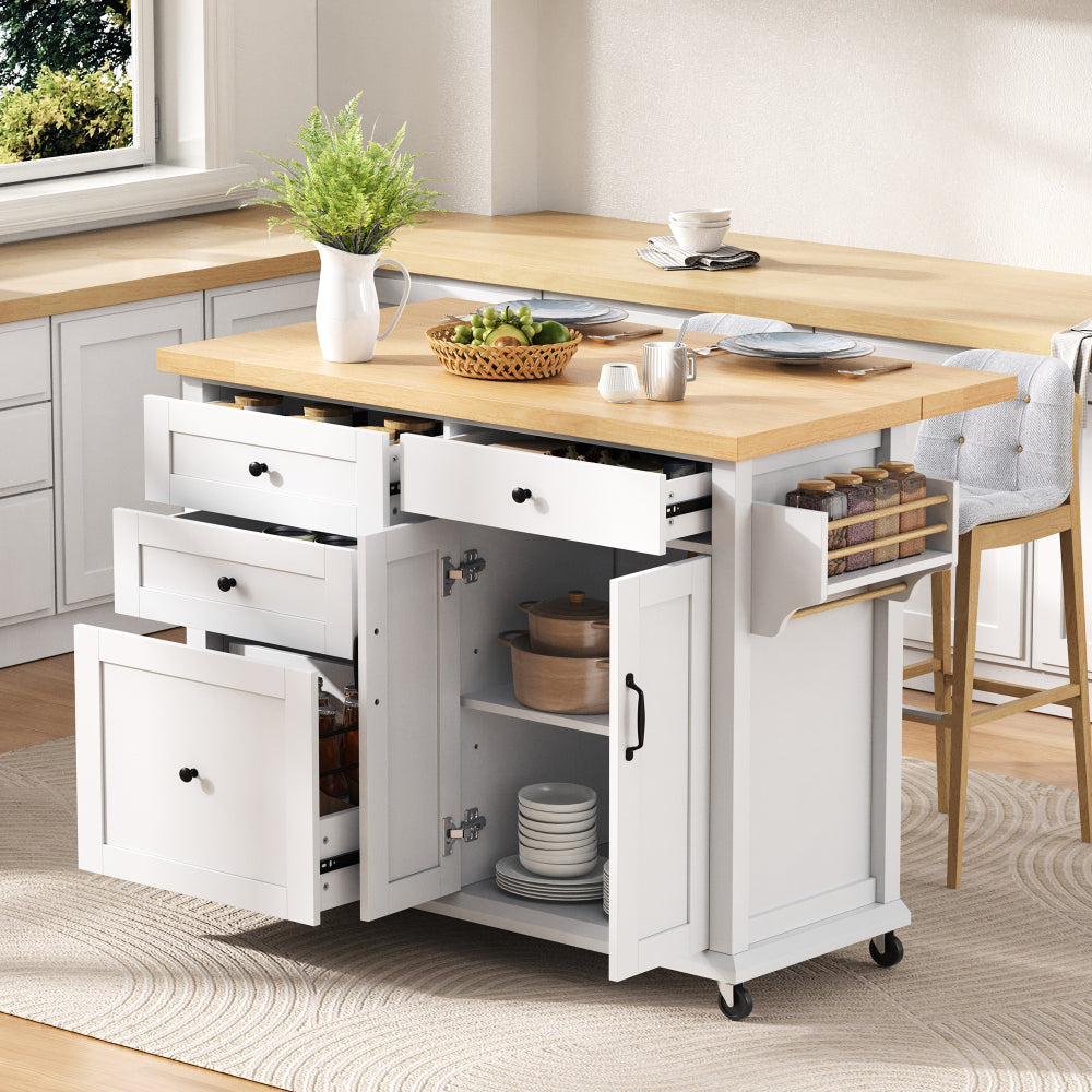 Mobile Kitchen Island with Extendable Table & Rolling Cart - White Heavy-Duty Multi-Functional Cart with Storage Drawers, Expandable Dining Table, Space-Saving Suitable, Dining Room, RV, Apartment