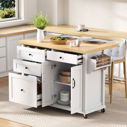 Mobile Kitchen Island with Extendable Table & Rolling Cart - White Heavy-Duty Multi-Functional Cart with Storage Drawers, Expandable Dining Table, Space-Saving Suitable, Dining Room, RV, Apartment