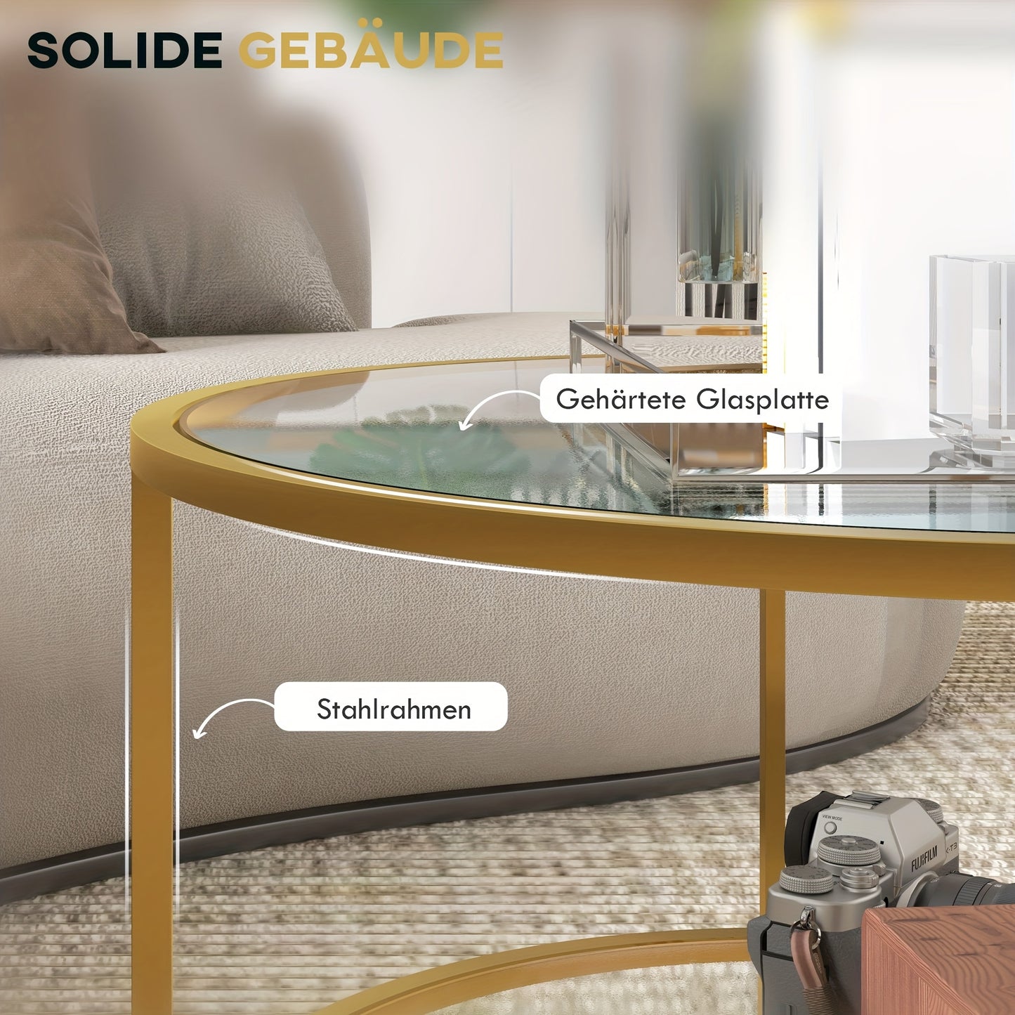 Salontafel – Bijzettafel – Woonkamertafel – Koffietafel – Nachtkastje – Ronde Gouden Salontafel – Stalen Frame – 60x43 cm – Met Opbergruimte