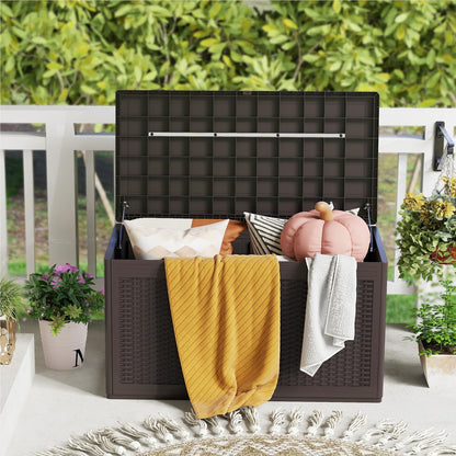 Opbergbox Tuinkist Tuinbox Buitenopberger Balkonbox – Rattan Opbergkist – 380 Liter – Waterdicht PP – Met Wieltjes & Zitfunctie 200 kg