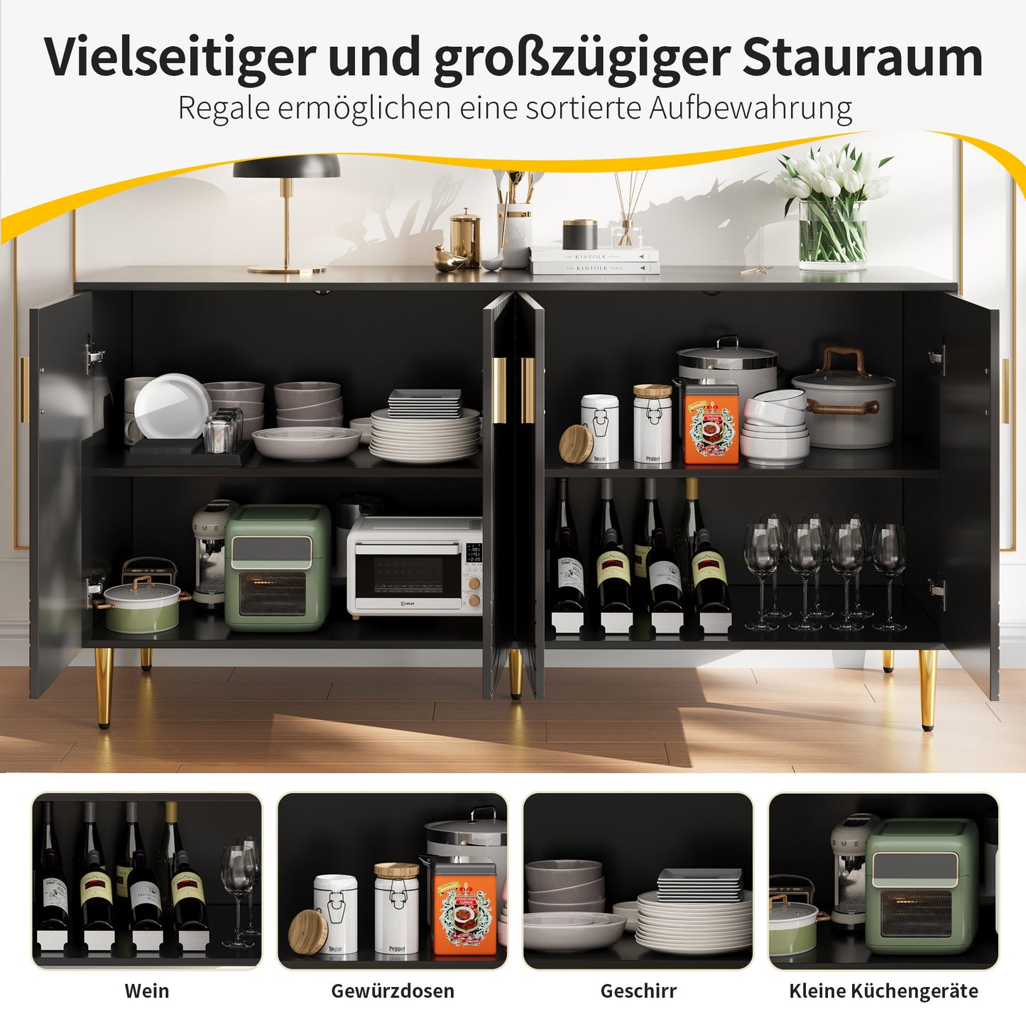 Dressoir – Sideboard – Buffetkast – Tv-Meubel – Opbergkast – Zwart Met Gouden Details – 152x40x75 CM – Tip-Over Beveiliging