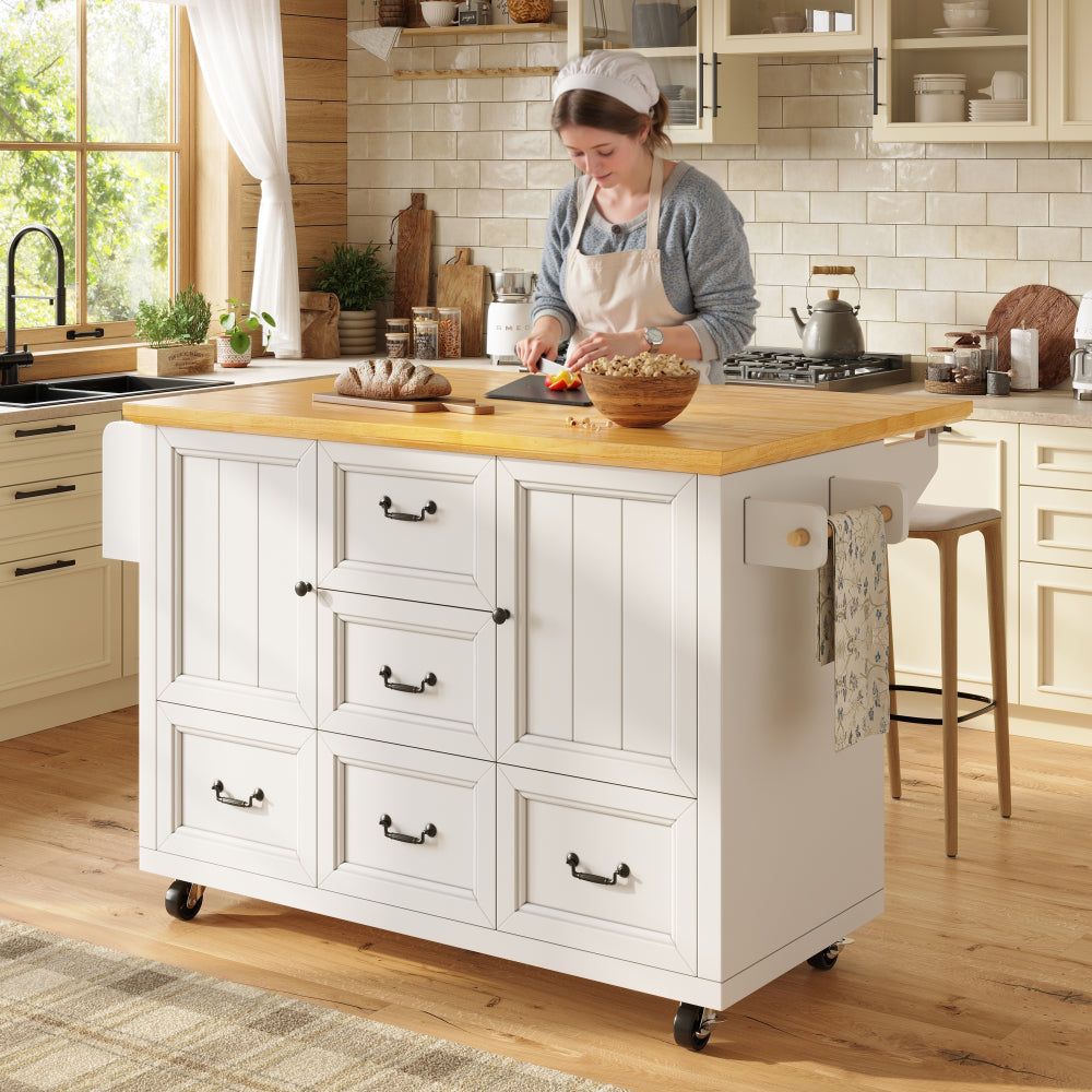 White Modern Mobile Kitchen Island Cabinet with Adjustable Shelves, Double Doors & 5 Drawers - Heavy-Duty Metal Construction, Pull-Out Kitchen Cart with Towel Rack & Spice Rack, Rolling Storage Cabinet with Black Legs, Space-