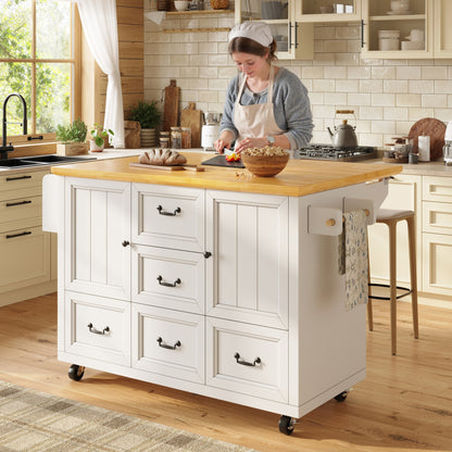 White Modern Mobile Kitchen Island Cabinet with Adjustable Shelves, Double Doors & 5 Drawers - Heavy-Duty Metal Construction, Pull-Out Kitchen Cart with Towel Rack & Spice Rack, Rolling Storage Cabinet with Black Legs, Space-