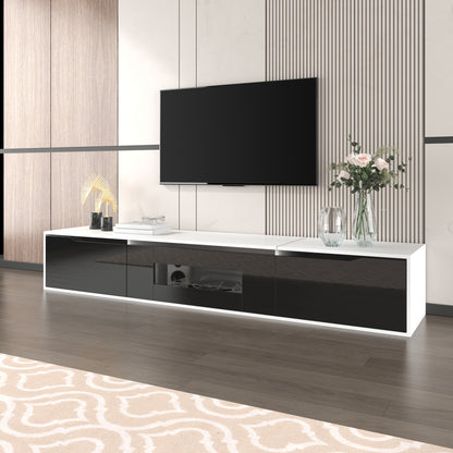 Modern Metal TV Stand with High-Gloss Finish - Wall-Mounted or Freestanding Media Console, Space-Saving Design in Black & White, Easy Installation with Hardware Included, Minimalist Entertainment Center for Living Room, Home