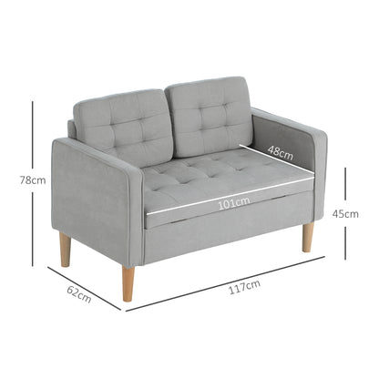 2-zitsbank – Tweezitsbank – Sofa – Loveseat – Bank – Lichtgrijs – Met Opbergruimte – Massief Houten Frame – Compacte Afmetingen 117x62x78 cm