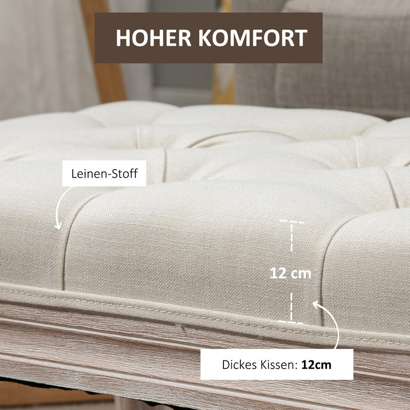 Poef met opbergruimte – Opberghocker – Hocker – Opbergbankje – Voetenbank – Gestoffeerde zitting – Stevige houten poten – 80x40x43 cm – Creme linnenlook