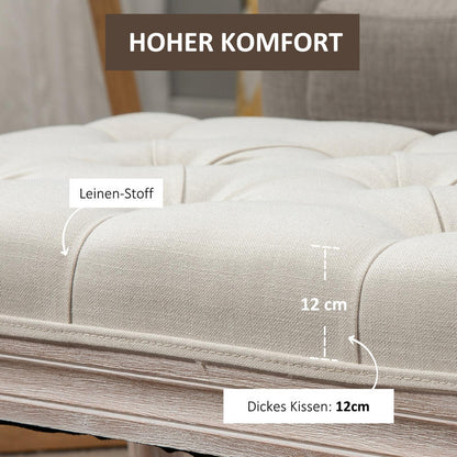 Poef met opbergruimte – Opberghocker – Hocker – Opbergbankje – Voetenbank – Gestoffeerde zitting – Stevige houten poten – 80x40x43 cm – Creme linnenlook