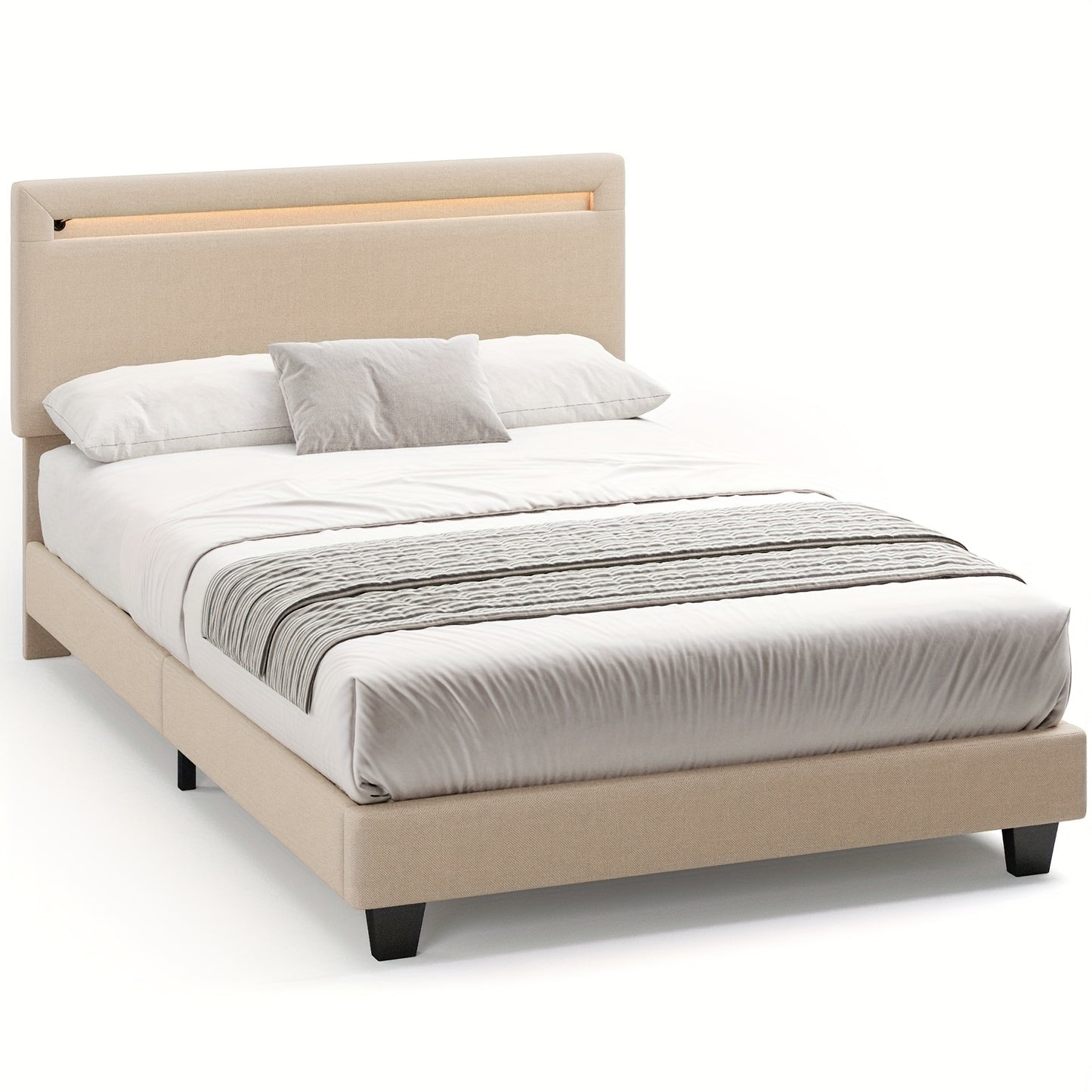 Bedframe – Bedbodem – Slaapbank – Ledikant – Boxspringframe – Modern Design – Stabiele Hardhouten Constructie – 120x200cm Beige Upholstered Hoofdbord