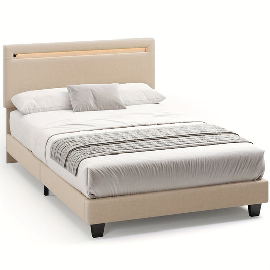 Bedframe – Bedbodem – Slaapbank – Ledikant – Boxspringframe – Modern Design – Stabiele Hardhouten Constructie – 120x200cm Beige Upholstered Hoofdbord