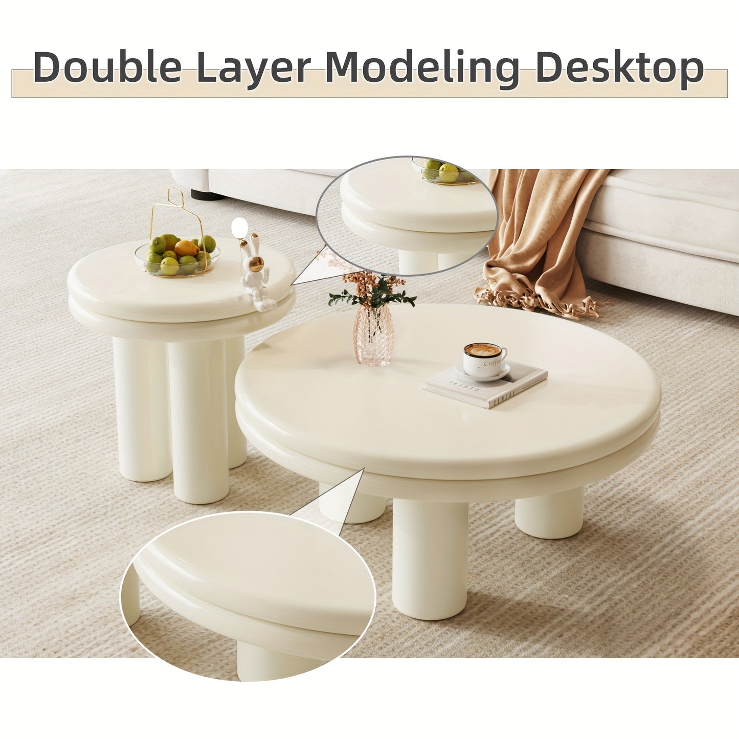 Salontafel – Theetafel – Bijzettafel – Koffietafel – Leestafel – Set Van 2 – Melkachtig Wit – Dubbel Laags Rond Tafelblad