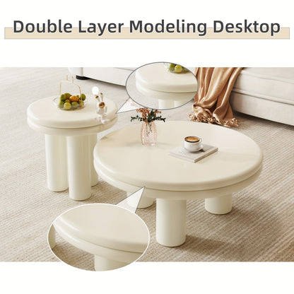 Salontafel – Theetafel – Bijzettafel – Koffietafel – Leestafel – Set Van 2 – Melkachtig Wit – Dubbel Laags Rond Tafelblad