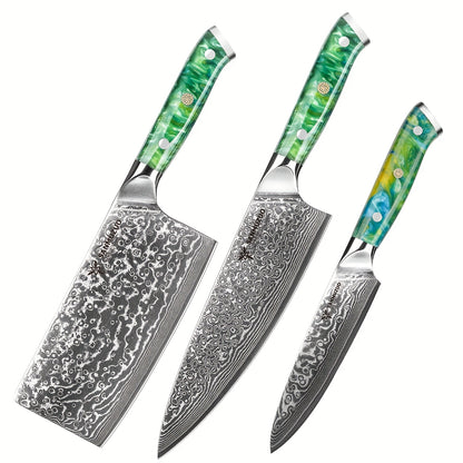 Koksmes – Keukenmes – Hakmes – Universeel Mes – Vleesmes – VG10 Damascusstaal – Groene Resin Handvat