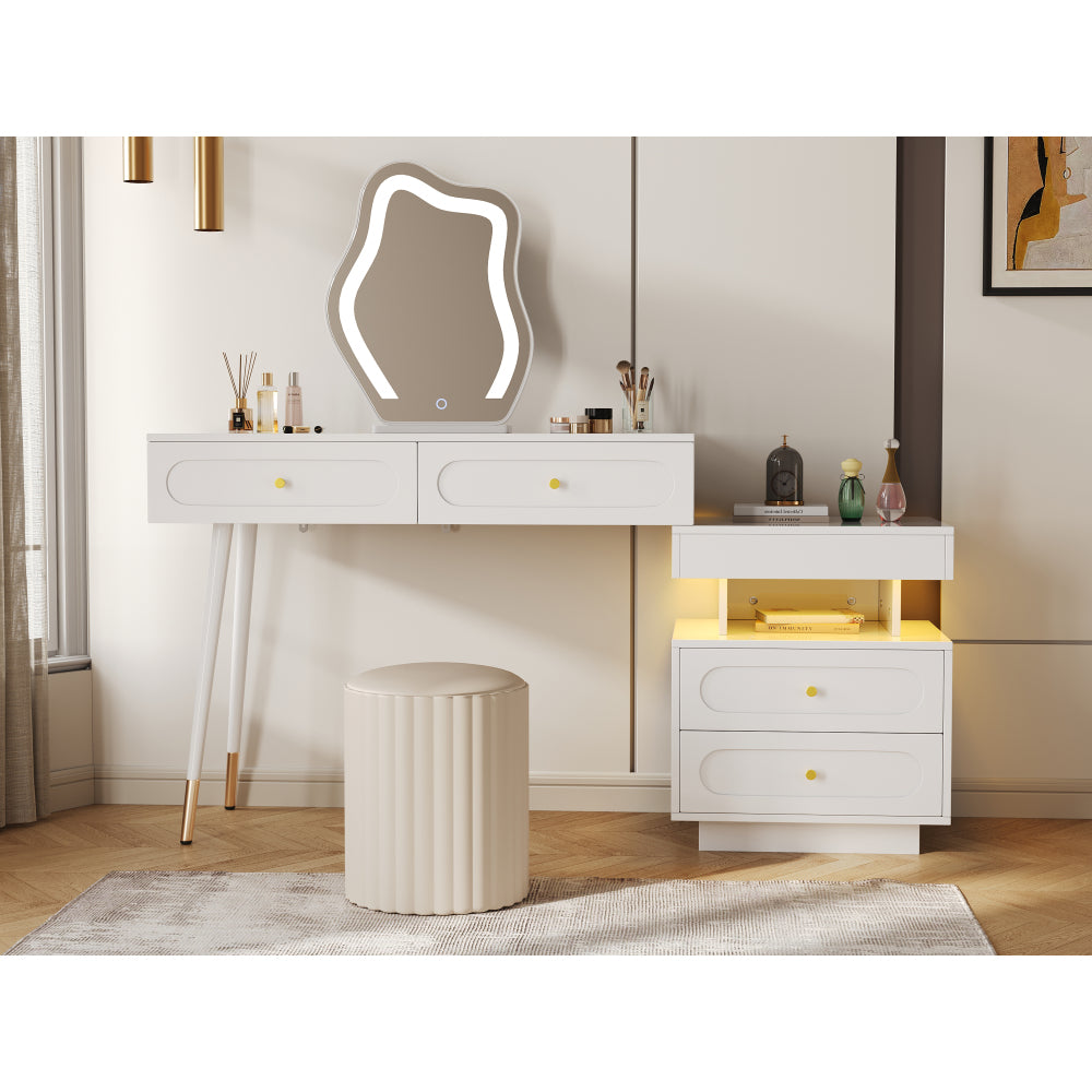 Kaptafel – Make-up Tafel – Dressing Table – Schoonheidstafel – Opbergmeubel – Modern Wit – Met 4 Lades en Open Plank – Compact Ruimtebesparend Ontwerp – Stevig Metalen Frame met Gouden Knoppen – Inclusief Kledingrek – 140x40x130 cm
