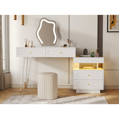 Kaptafel – Make-up Tafel – Dressing Table – Schoonheidstafel – Opbergmeubel – Modern Wit – Met 4 Lades en Open Plank – Compact Ruimtebesparend Ontwerp – Stevig Metalen Frame met Gouden Knoppen – Inclusief Kledingrek – 140x40x130 cm