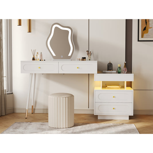 Kaptafel – Make-up Tafel – Dressing Table – Schoonheidstafel – Opbergmeubel – Modern Wit – Met 4 Lades en Open Plank – Compact Ruimtebesparend Ontwerp – Stevig Metalen Frame met Gouden Knoppen – Inclusief Kledingrek – 140x40x130 cm