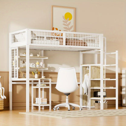 Hoogslaper – Kinderhoogslaper – Stapelbed – Eenpersoonsbed – Kinderbed – Met Veiligheidsladder – Metalen Kledingkast en Wit Bureau – 90x200 cm – Ruimtebesparend Design