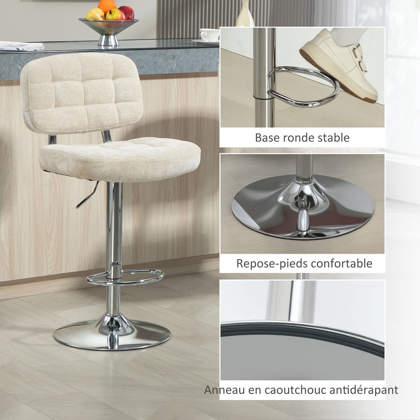 Barstoel – Barkruk – Barstoel Met Rugleuning – Keukenstoel – Barkruk Met Voetsteun – Verstelbare Hoogte 66-87 Cm – 360º Draaibaar – Bouclé Bekleding Beige