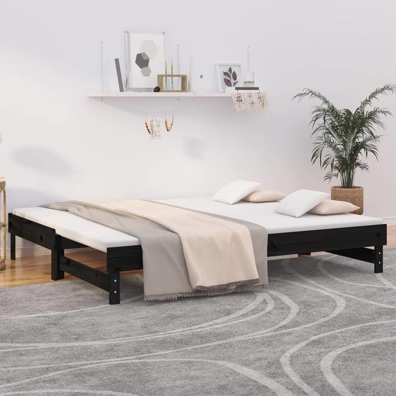 Uitklapbed – Opklapbed – Logeerbed – Eenpersoonsbed – Zithoekbed – 2x 90x200 cm – Massief Grenenhout – Ruimtebesparend Zwart Design