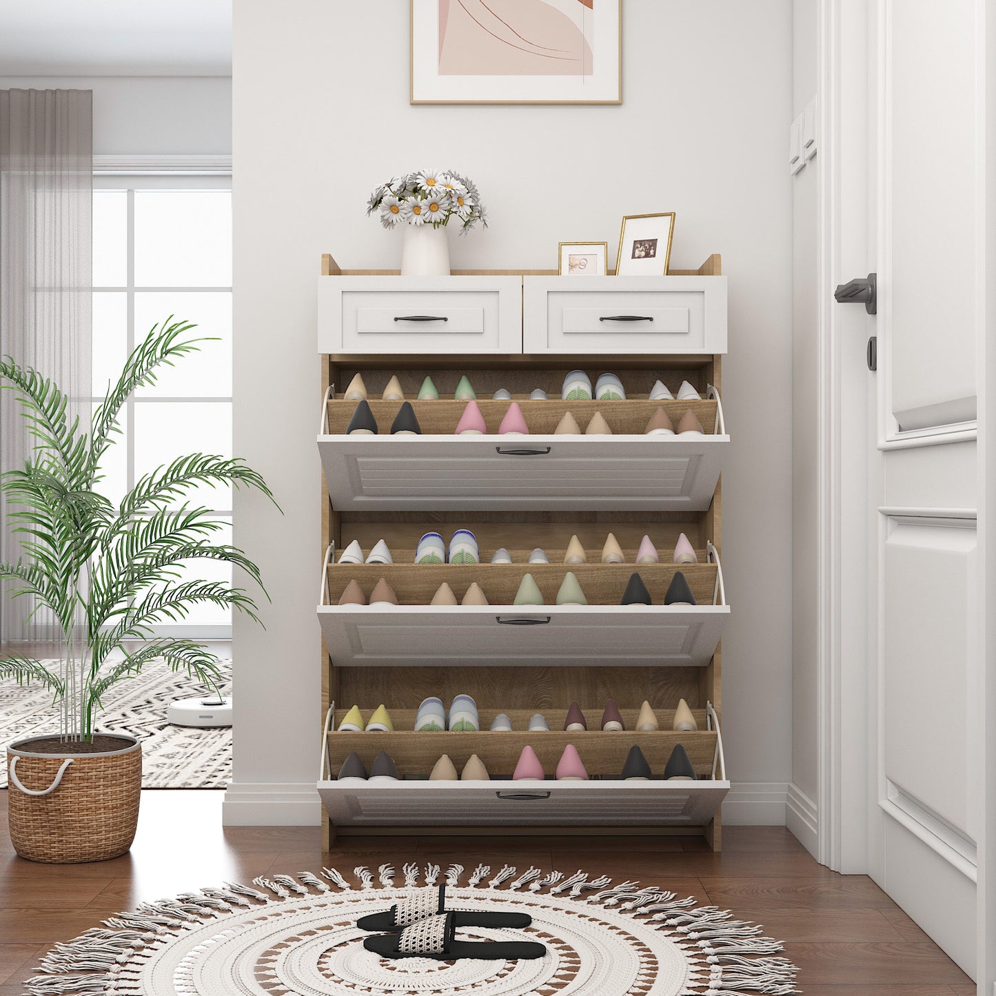 Schoenenkast – Schoenenrek – Schoenopberger – Schoenenmeubel – Schoenendisplay – Draaibare Vakken – 3 Flappen + 2 Laden – Wit Hout – Compact 80x23,5x125 cm