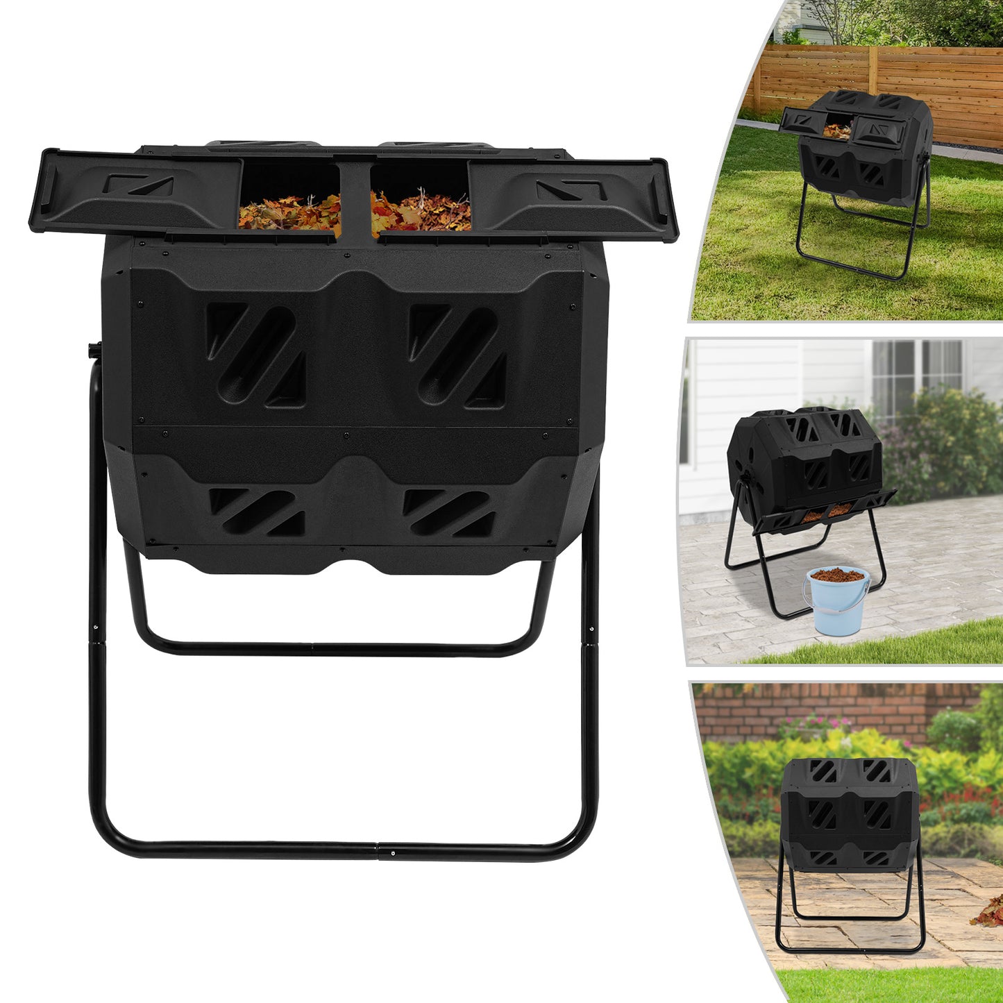 Heavy-Duty Compostbak – Composthoop, Compostvat, Tuincomposteerder, Compostton – Zwart, 133 L – Dubbele Kamers, Weerbestendig Kunststof