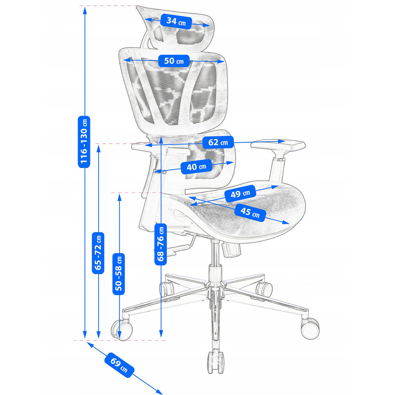 Bureaustoel – Draaistoel – Office Chair – Kantoorstoel – Ergonomische stoel – Verstelbare hoofdsteun & armleuningen – Ademende mesh bekleding – Max. 120 kg draagvermogen – Hoogte verstelbaar 50-58 cm - Grijs