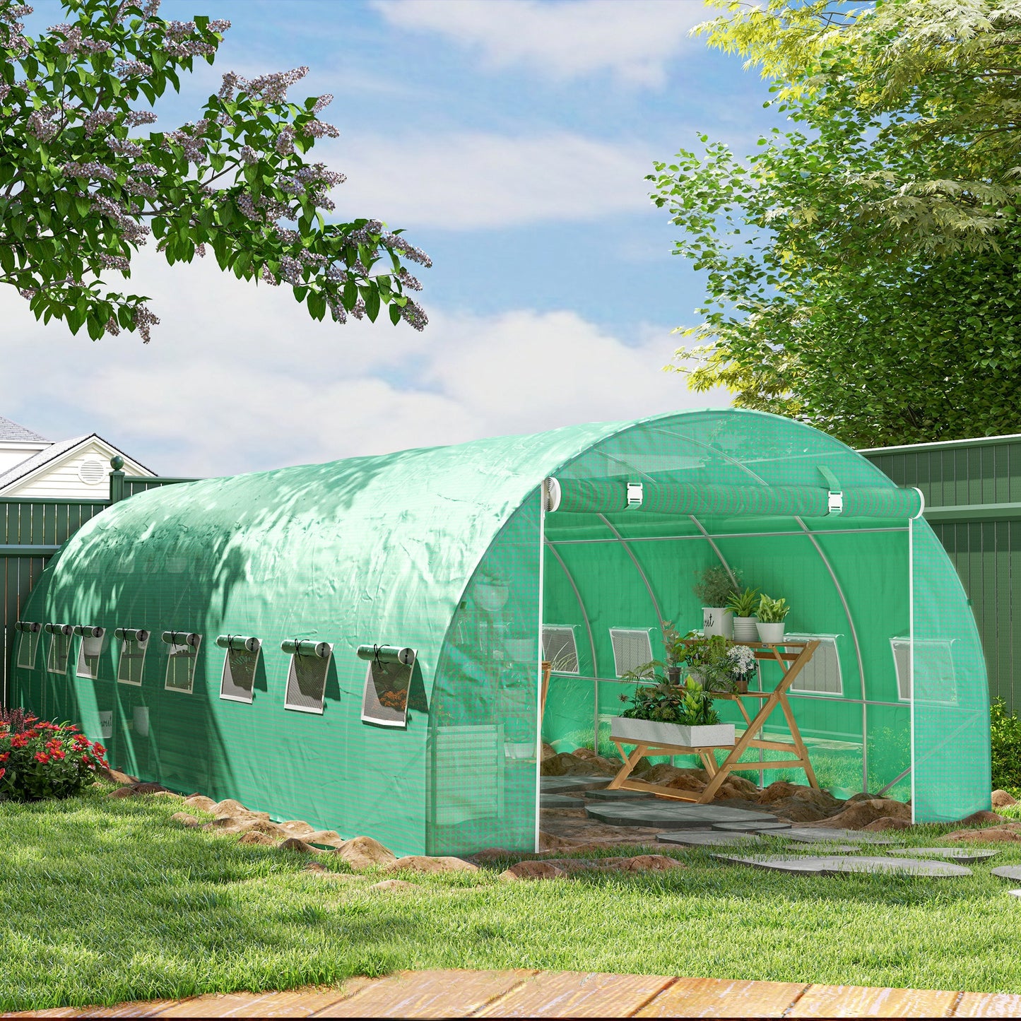 Tuinkas – Tuinserre – Kas – Groentetunnel – Tuinkas Tunnel Groen – 24 m² – 16 Ramen Met Muskietennet – Gegalvaniseerd Stalen Frame – PE Zeildoek Met UV-Bescherming