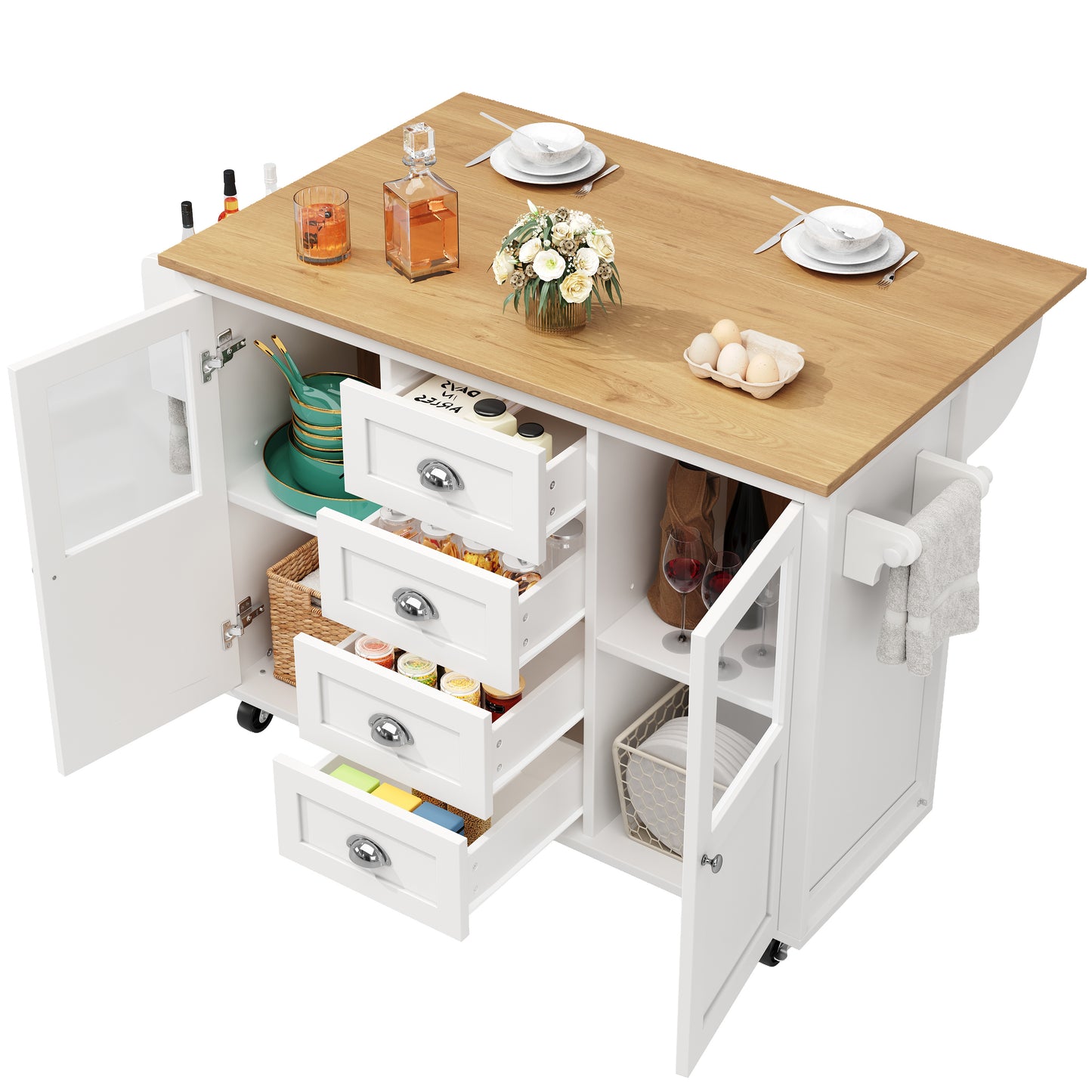 Keukeneiland Op Wielen – Keukenwagen – Buffetkast – Werkplek – Opbergmeubel – Inklapbaar Werkblad – 4 Lades en 2 Deuren – Verstelbare Planken – Handdoek- En Kruidenhouder – Wit