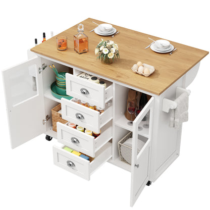 Keukeneiland Op Wielen – Keukenwagen – Buffetkast – Werkplek – Opbergmeubel – Inklapbaar Werkblad – 4 Lades en 2 Deuren – Verstelbare Planken – Handdoek- En Kruidenhouder – Wit