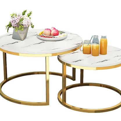 Salontafelset Rond – Salontafel Bijzettafel Koffietafel Tafeltje – Wit Met Houten Blad – Set Van 2 – Nesting Ontwerp – 70 & 50 cm – Retro Stijl – Multifunctioneel