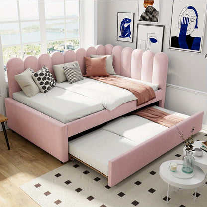 Bedbank – Slaapbank – Sofa Bed – Slaapbank L-vorm – Bedbank Hoek – Roze Fluweel – Uitschuifbed 140x200 cm – Bloemenrugleuning