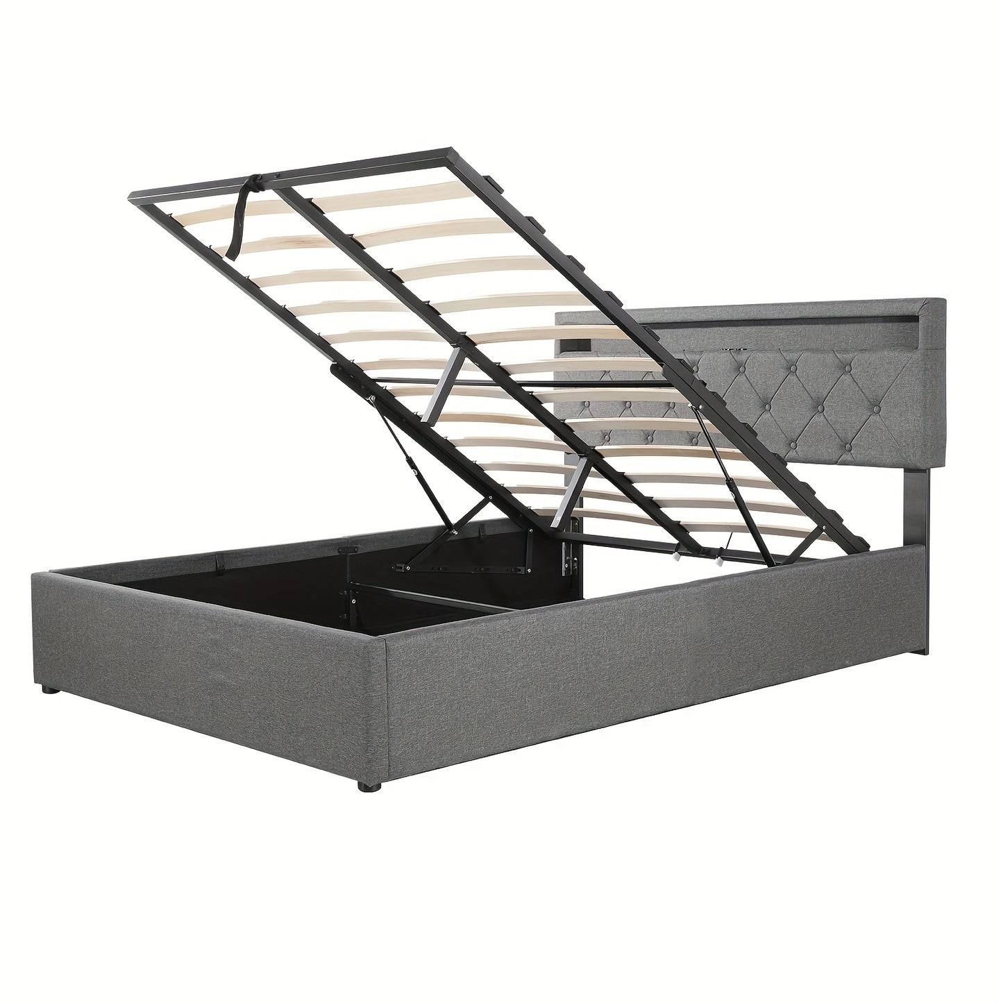 Bed 160x200 – Tweepersoonsbed – Opbergbed – Boxspringbed – Led Bed – Hydraulisch Opklapbaar – Grijze Linnen Bekleding – Metalen Frame – Ruime Opbergruimte – Lattenbodem