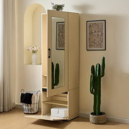 Smalle Kast – Smalle Kledingkast – Smalle Opbergkast – Kapstokkast – Spiegelkast – Houtkleur – Uittrekbare Kledingstang – Ruimtebesparend Design