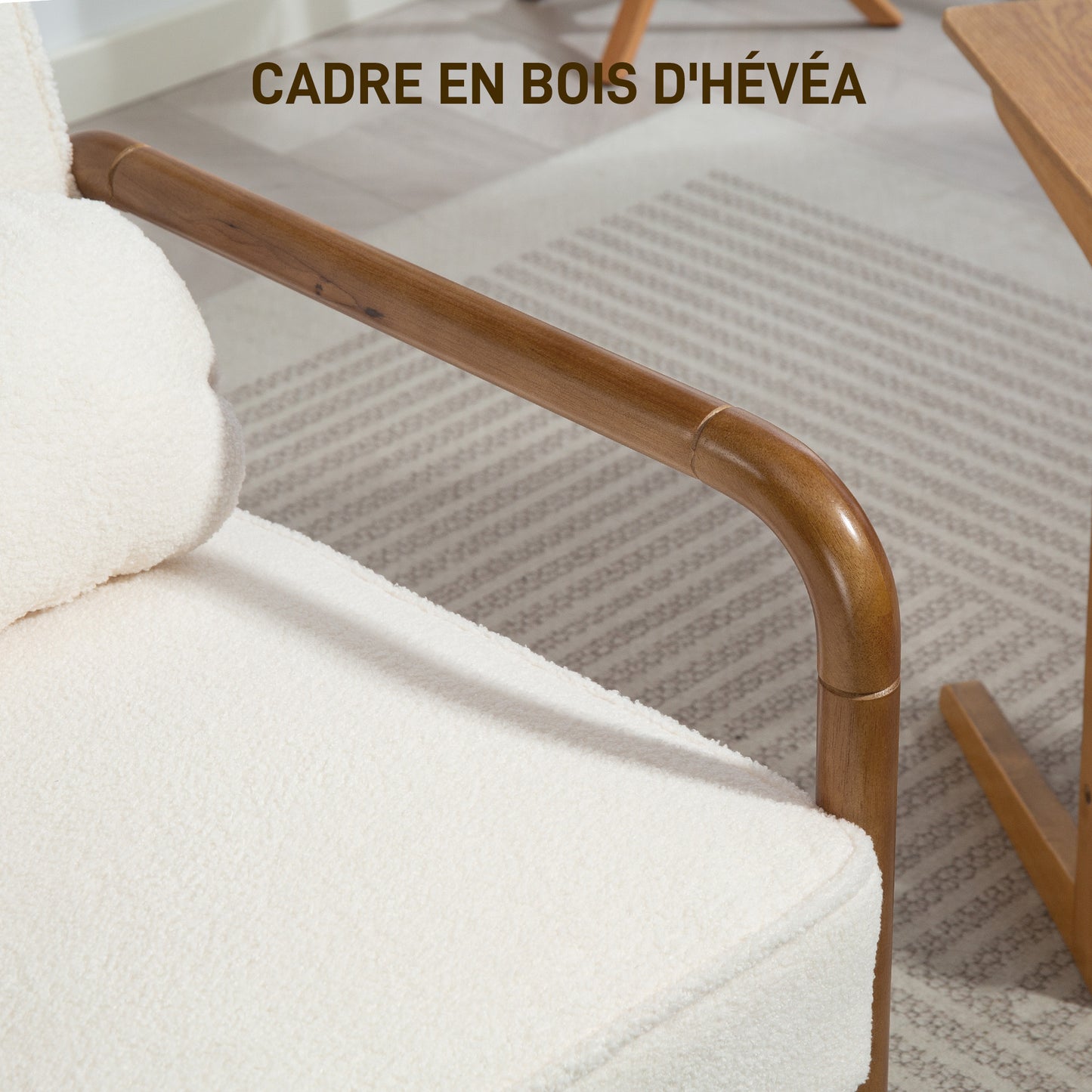 HOMCOM Living Room Fabric Bouclé Armchair, Modern Relaxation Chair with And Hevea Wood Frame, Armchair for Bedroom, Living Room, Dining Room, White