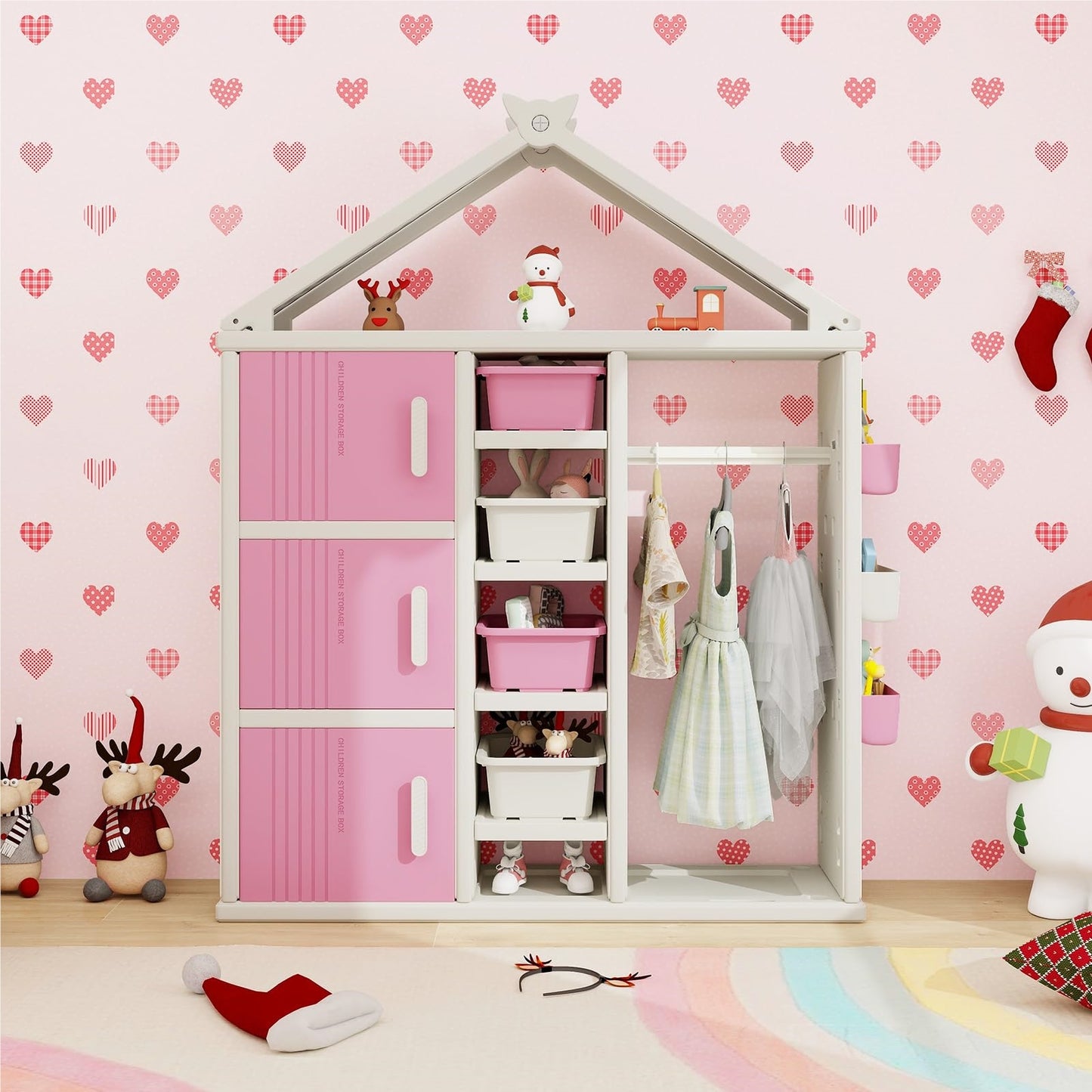 Kinderkast Huisstijl – Boekenkast Kind – Speelgoedkast – Opbergkast Kids – Kledingrek Kinderkamer – Roze – Veilig HDPE Materiaal – 4 Opbergboxen & Zijkorfjes