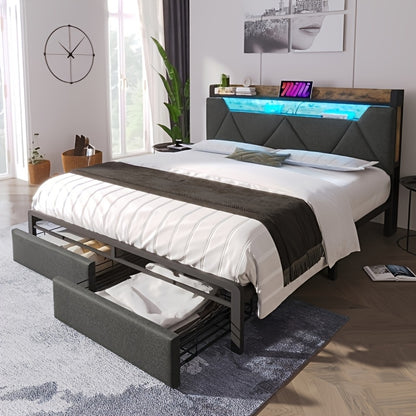 Bedframe – Bedframe Zonder Montage – Slaapbank – Bedframe Met Zijtafel – Slaapoplossing – Modern Grijs Bamboe – Stevig En Duurzaam – Geen Matras Nodig
