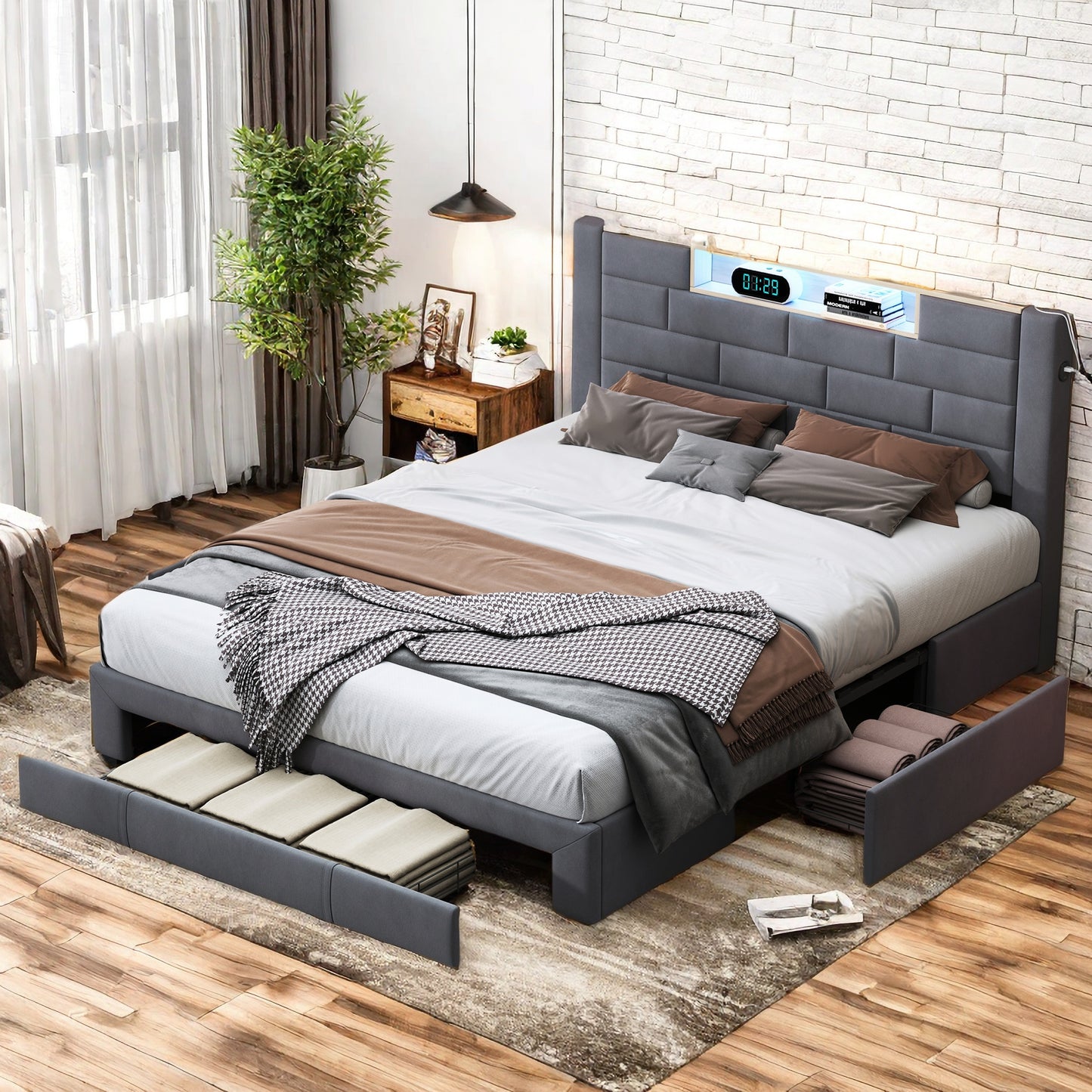 Led Bed – Tweepersoonsbed – Gestoffeerd Bed – Opbergbed – Slaapbank – 160x200 cm – Fluwelen Bekleding – Ingebouwde LED Verlichting en USB-poorten