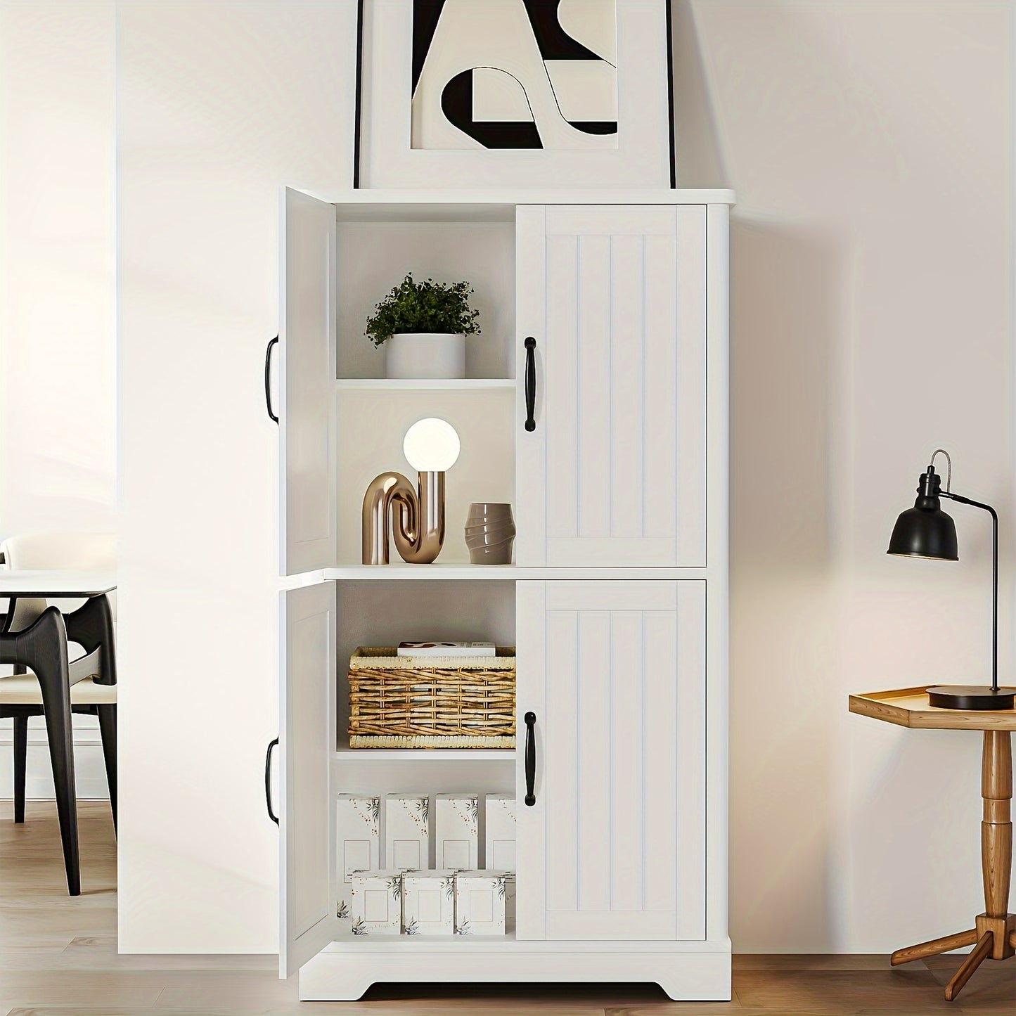 4-deurs Kast – Opbergkast – Bergkast – Dressoir – Wandkast – Wit – Verstelbare Planken – Robuuste Houten Constructie – Compact Ontwerp – 68,5 cm Hoog