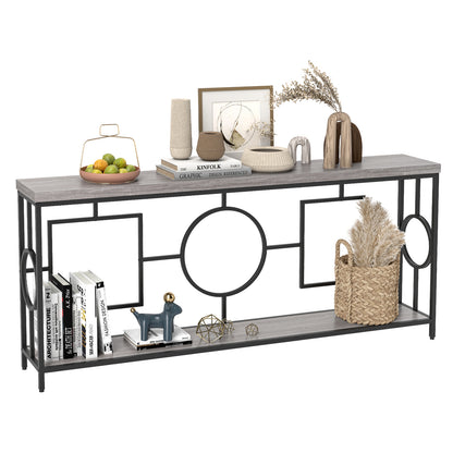 Sidetable – Console Tafel – Haltafel – Wandtafel – Sofa Tafel – 2-Laags Met Marmerlook – Smal & Extra Lang – Zwart Metalen Frame – Anti-Kantel Veiligheid