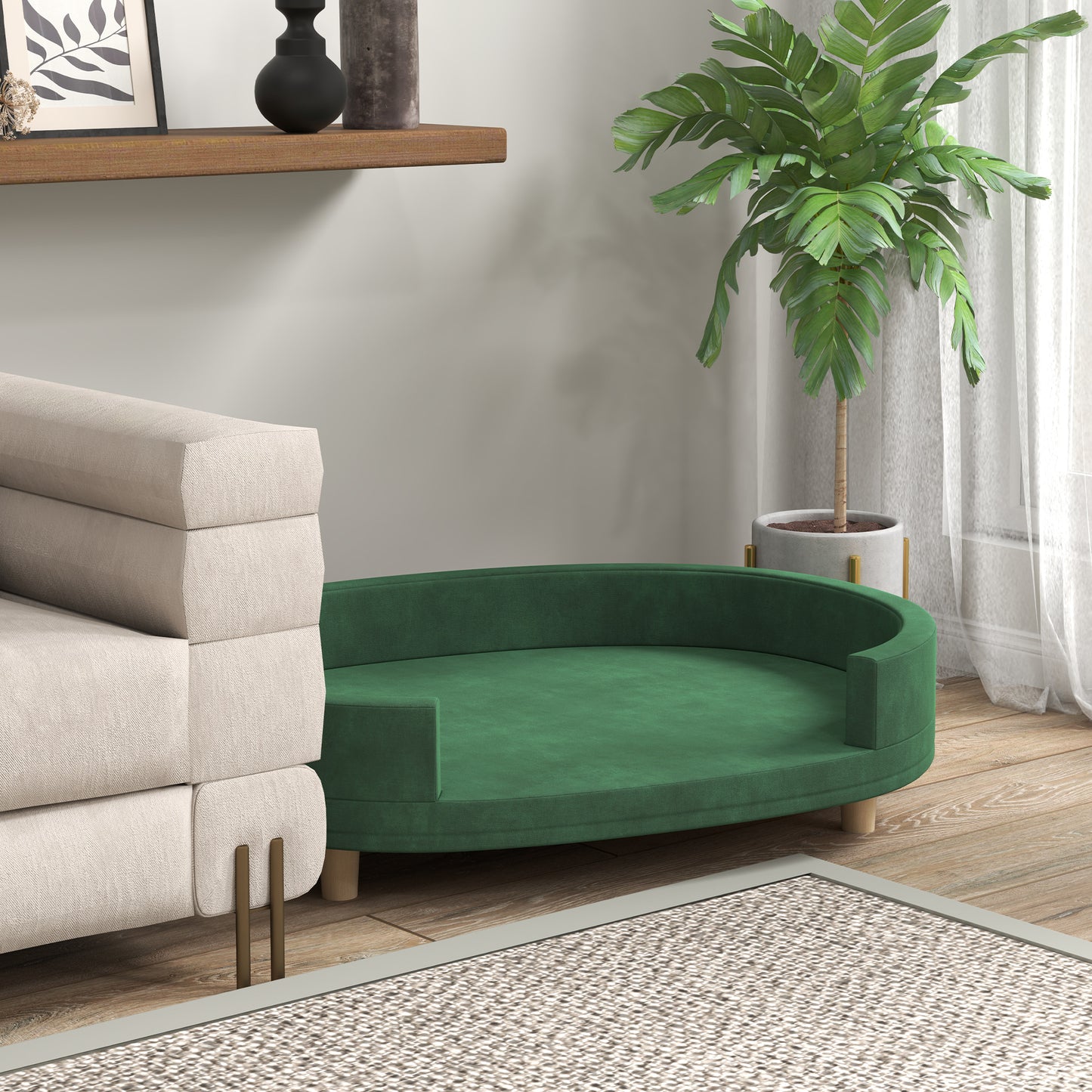 Hondenbankje – Dierenbank – Huisdierenbank – Kattenbankje – Groen – Zacht Fluwelen Bekleding – Afneembaar Wasbaar Kussen – Stevige Houten Poten – 100x70x25 cm – Geschikt Tot 30 kg