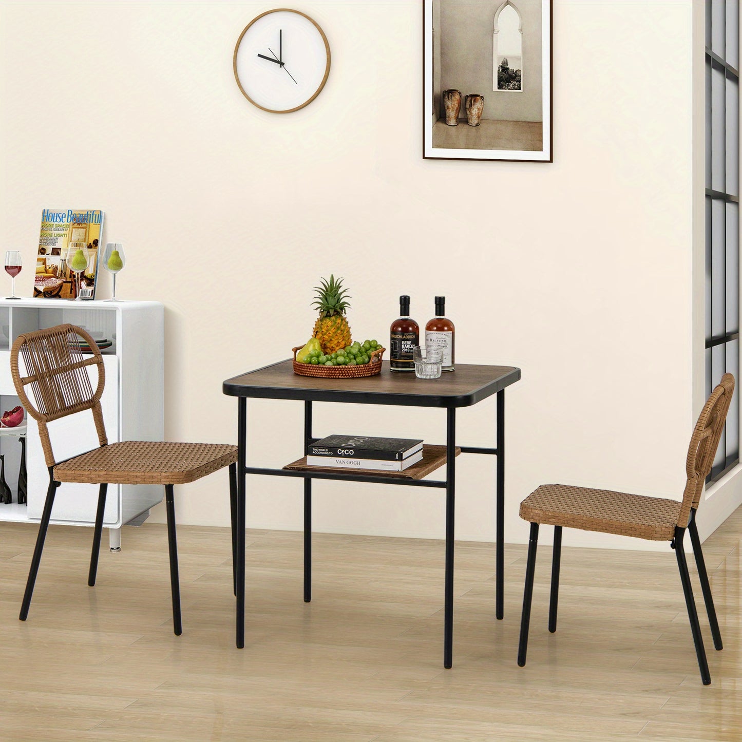 Tuinset – Bistroset – Diningset – Loungeset – Balkonset – 3-delig Met Opbergplank – Weerbestendig PE-rattan & Metalen Frame