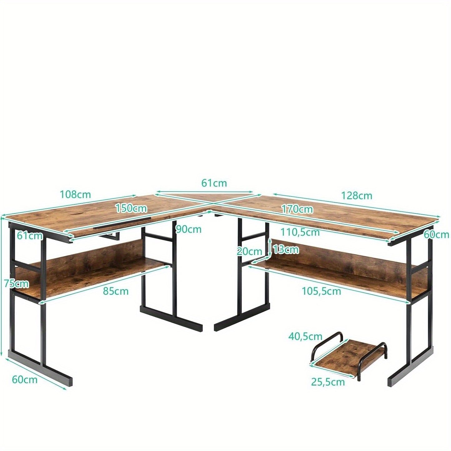 Bureau – Bureaumaatschappij – Computertafel – Hoekbureau – Werkplek – L-vormig Bureau – Met Opbergrekken – Verstelbare Kantelplaat – Stevig Metalen Frame – Compact 170x150x75 cm – Hoogwaardig MDF Hout