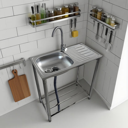 Stainless Steel Restaurant Sink with Workbench, Standalone Outdoor Sink with Hot And Cold Water Taps, Industrial Restaurant Sink Easy to Assemble And Move, Suitable for Garage, Garden, Restaurant, Kitchen, Kitchen Sink, Kitch