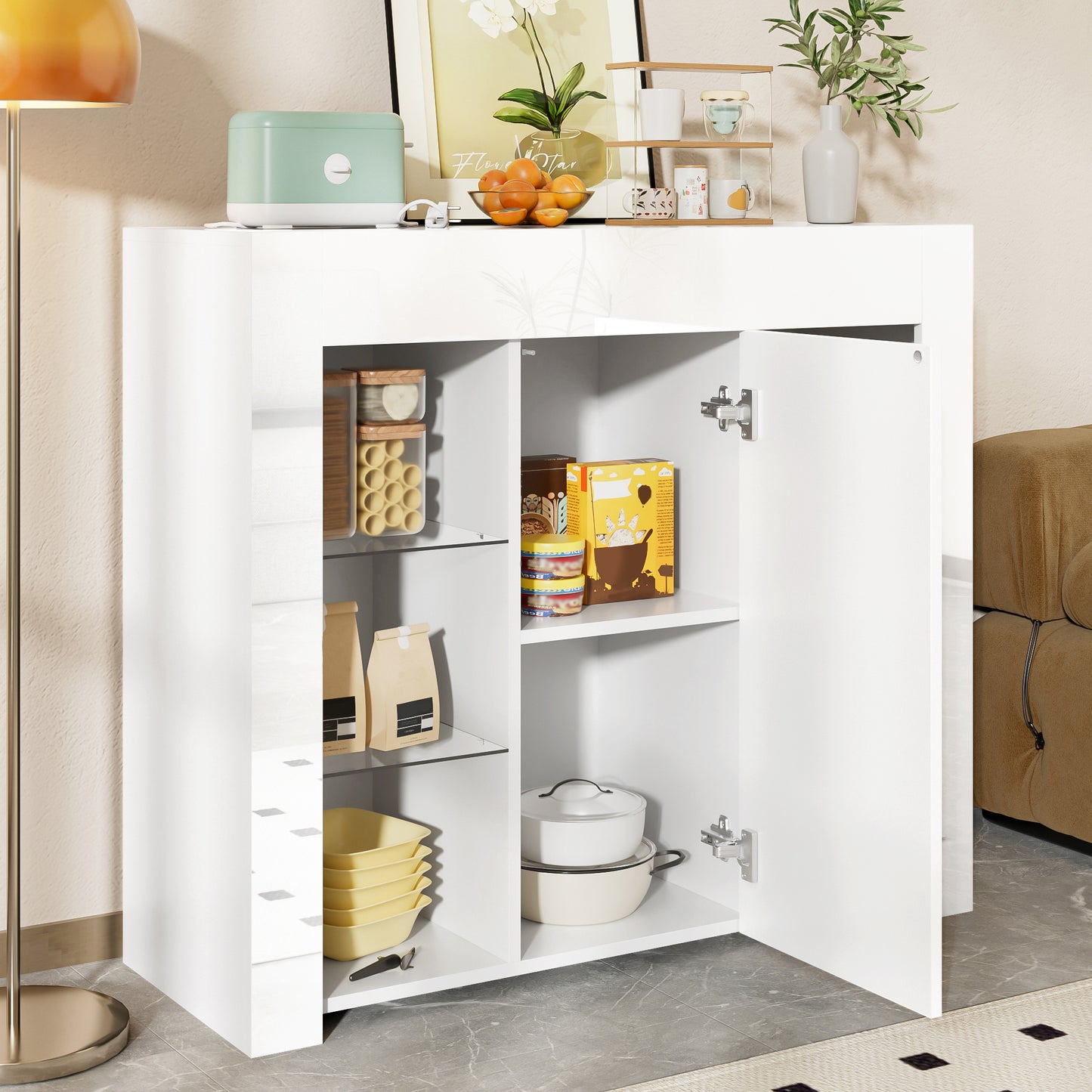 Sideboard – Dressoir – Opbergkast – Buffetkast – Wit Hoogglans – Glazen Legplanken – Compact 95x35x83 cm