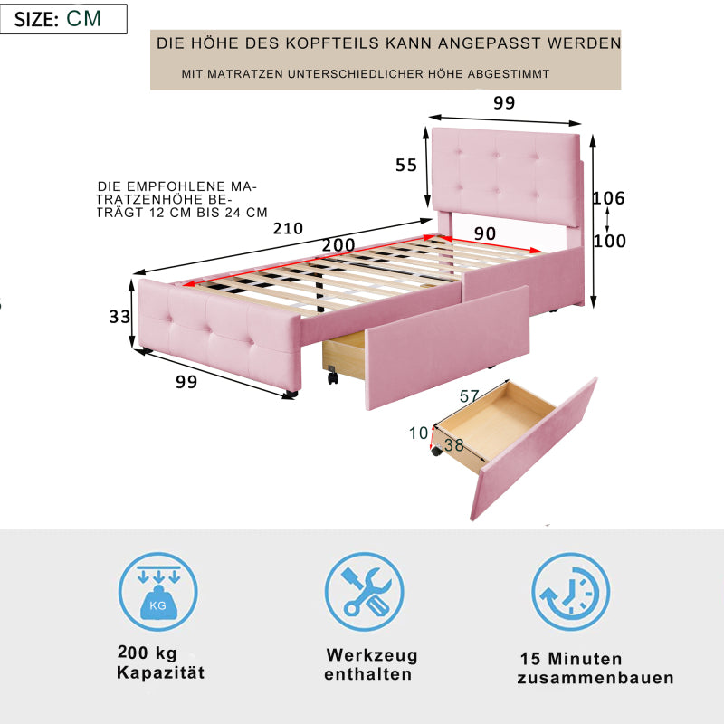 Eenpersoonsbed – Bed – Slaapbank – Kinderbed – Logeerbed – Roze Bekleding – Twee Opberglades – Laag Laagstaand Frame – Volledig Gemonteerd