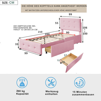 Eenpersoonsbed – Bed – Slaapbank – Kinderbed – Logeerbed – Roze Bekleding – Twee Opberglades – Laag Laagstaand Frame – Volledig Gemonteerd